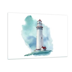 Glasbild - Bild auf glas - Ein Leuchtturm vor einem blauen Aquarellhimmel - 120x80cm - Sanfte Schwester vom Blau - Moderne Wanddekoration für Wohnzimmer und Schlafzimmer ARTTOR