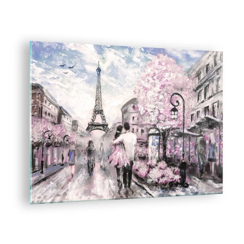 Glasbild - Bild auf glas - Romantisches Paar in Paris mit dem Eiffelturm im Hintergrund - 70x50cm - Wie man sich verlieben kann, ist nur in ... - Moderne Wanddekoration für Wohnzimmer und Schlafzimmer ARTTOR