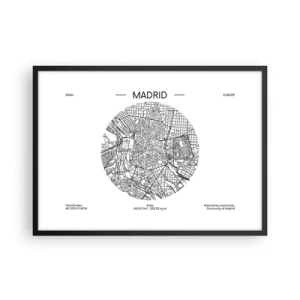 Poster in einem schwarzem Rahmen - Karte von Madrid im minimalistischen Schwarz-Weiß-Stil - 70x50cm - Anatomie von Madrid - Moderne Wanddekoration für Wohnzimmer und Schlafzimmer ARTTOR