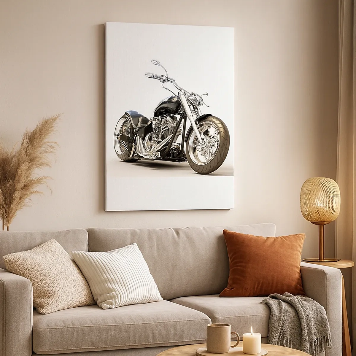 Bild auf Leinwand - Leinwandbild - Stilvolles schwarzes Motorrad auf weißem Hintergrund - 50x70cm - Stärke mit Charakter - Moderne Wanddekoration für Wohnzimmer und Schlafzimmer ARTTOR