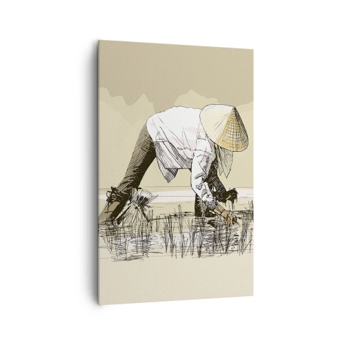 Bild auf Leinwand - Leinwandbild - Bauern bei der Arbeit auf einem Reisfeld mit traditioneller Kopfbedeckung - 80x120cm - Erfolgreiche Ernte - Moderne Wanddekoration für Wohnzimmer und Schlafzimmer ARTTOR