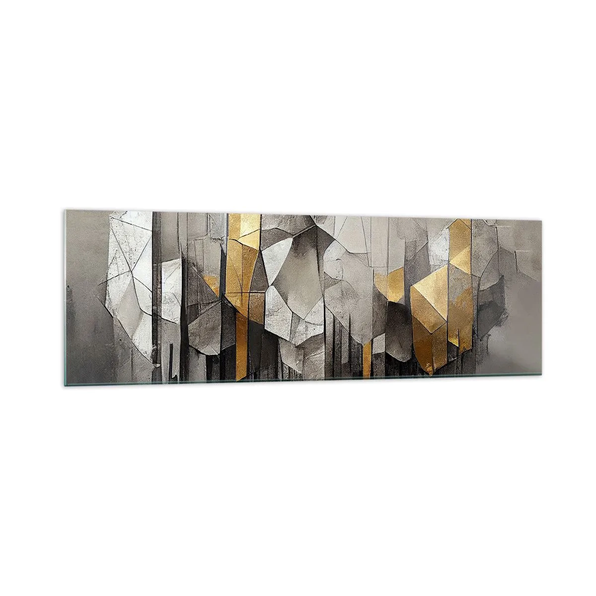 Glasbild - Bild auf glas - Geometrische Abstraktion in Gold- und Grautönen - 160x50cm - Komposition aus Eis und Licht - Moderne Wanddekoration für Wohnzimmer und Schlafzimmer ARTTOR
