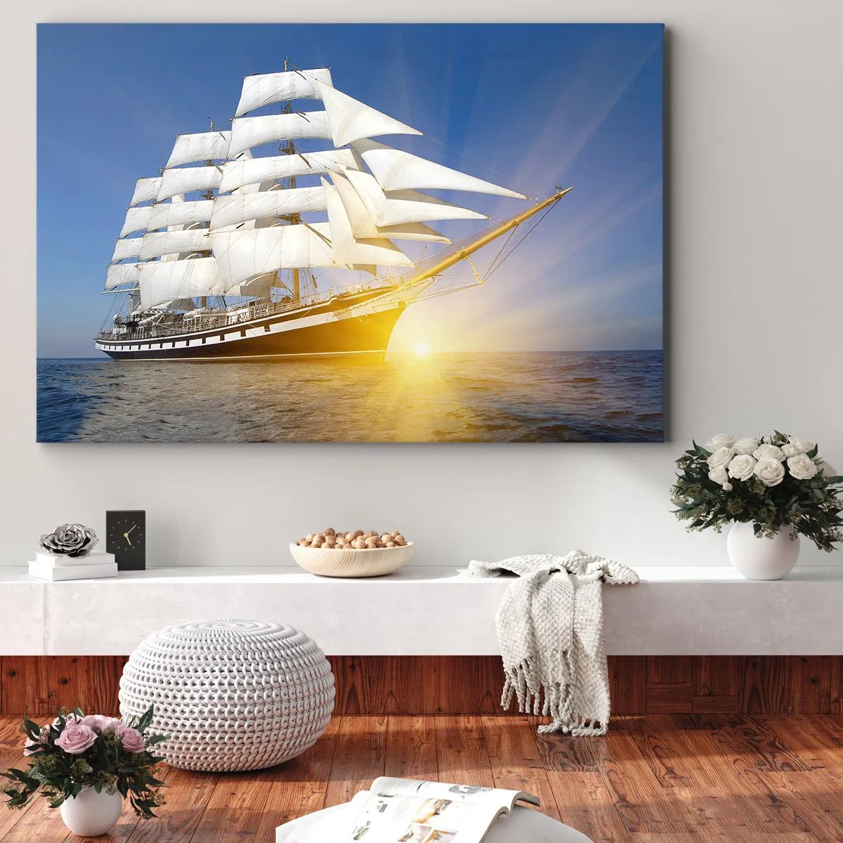 Bild auf Leinwand - Leinwandbild - Ein Segelschiff auf See im Licht der untergehenden Sonne - 70x50cm - Ihre Zeit wird nie vergehen - Moderne Wanddekoration für Wohnzimmer und Schlafzimmer ARTTOR