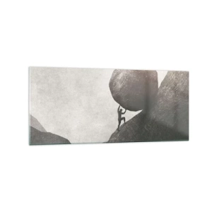 Glasbild - Bild auf glas - Ein Mann klettert einen riesigen Felsbrocken einen Hügel hinauf - 120x50cm - Ich glaube wider alle Hoffnung - Moderne Wanddekoration für Wohnzimmer und Schlafzimmer ARTTOR