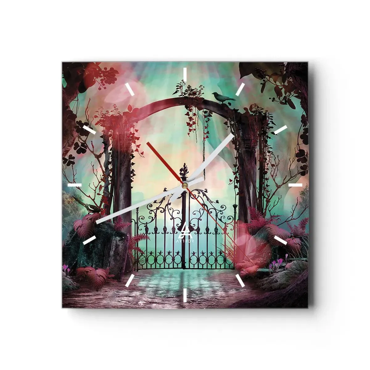 Wanduhr - Glasuhr - Ein magischer Eingang mit einem schmiedeeisernen Tor, umgeben von geheimnisvoller Vegetation - 30x30cm - Geheimer Garten - Moderne Wanddekoration für Wohnzimmer und Schlafzimmer ARTTOR