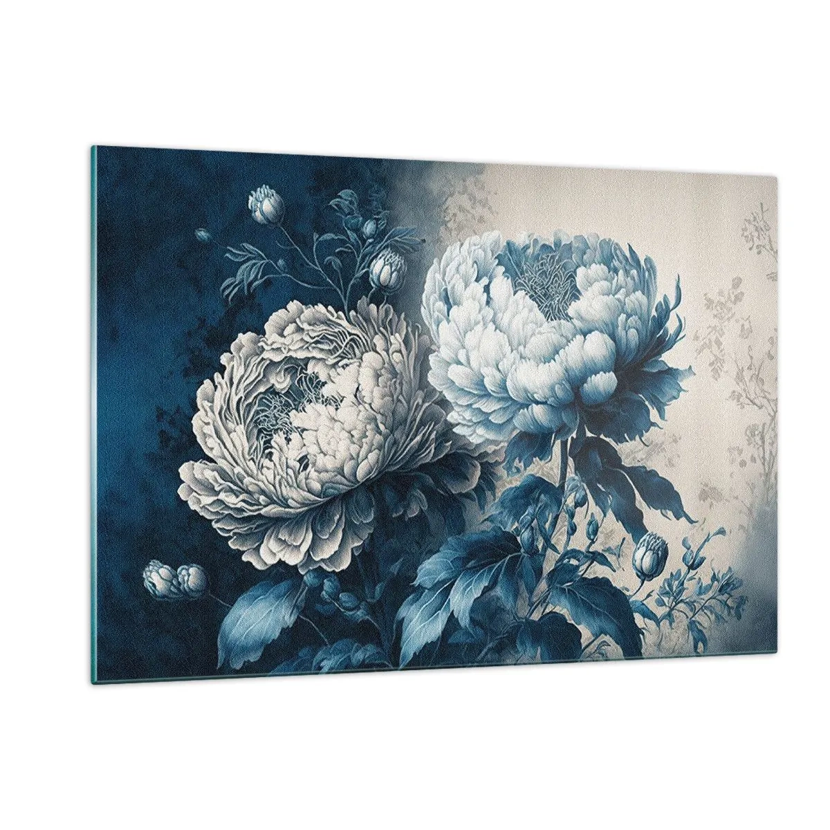 Glasbild - Bild auf glas - Zweifarbige Pfingstrosen in Blau- und Beigetönen auf Vintage-Hintergrund - 120x80cm - Passendes Paar - Moderne Wanddekoration für Wohnzimmer und Schlafzimmer ARTTOR
