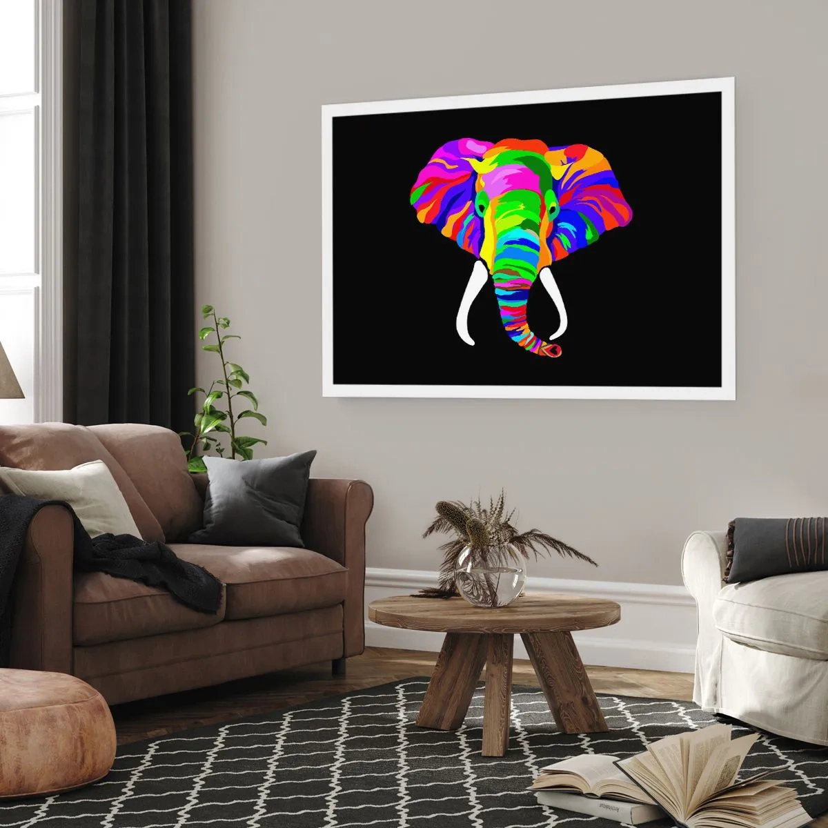 Poster - Ein buntes Bild eines Elefanten auf schwarzem Hintergrund - 100x70cm - Der Elefant, der es liebte, im Regenbogen zu baden - Moderne Wanddekoration für Wohnzimmer und Schlafzimmer ARTTOR