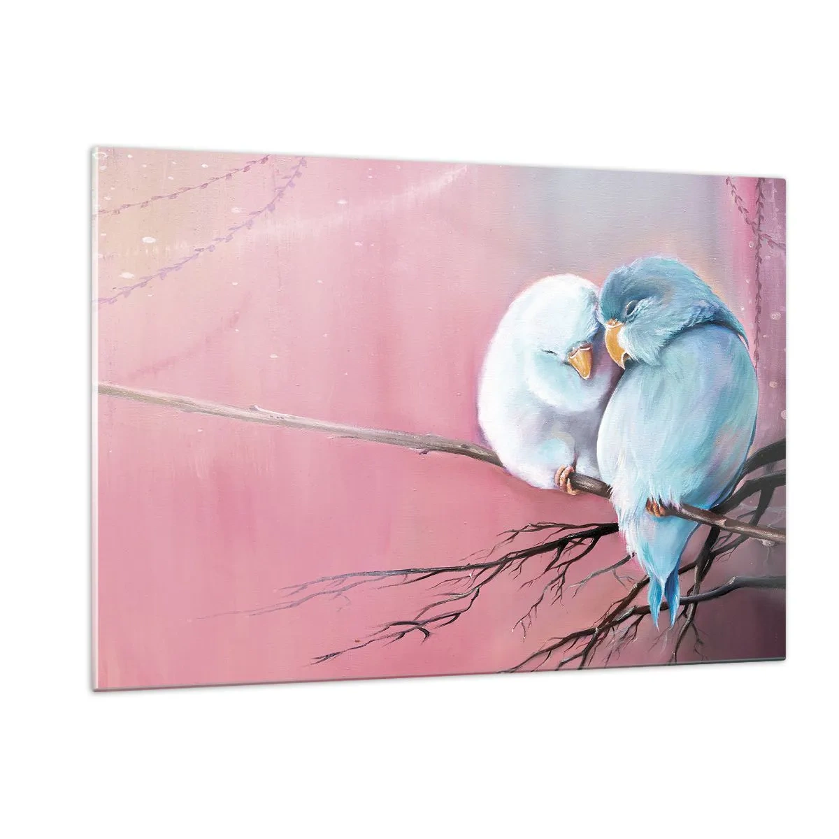 Glasbild - Bild auf glas - Zwei Turteltauben sitzen auf einem Ast vor einem rosa Hintergrund - 120x80cm - Was kann ich hier hinzufügen? ... - Moderne Wanddekoration für Wohnzimmer und Schlafzimmer ARTTOR