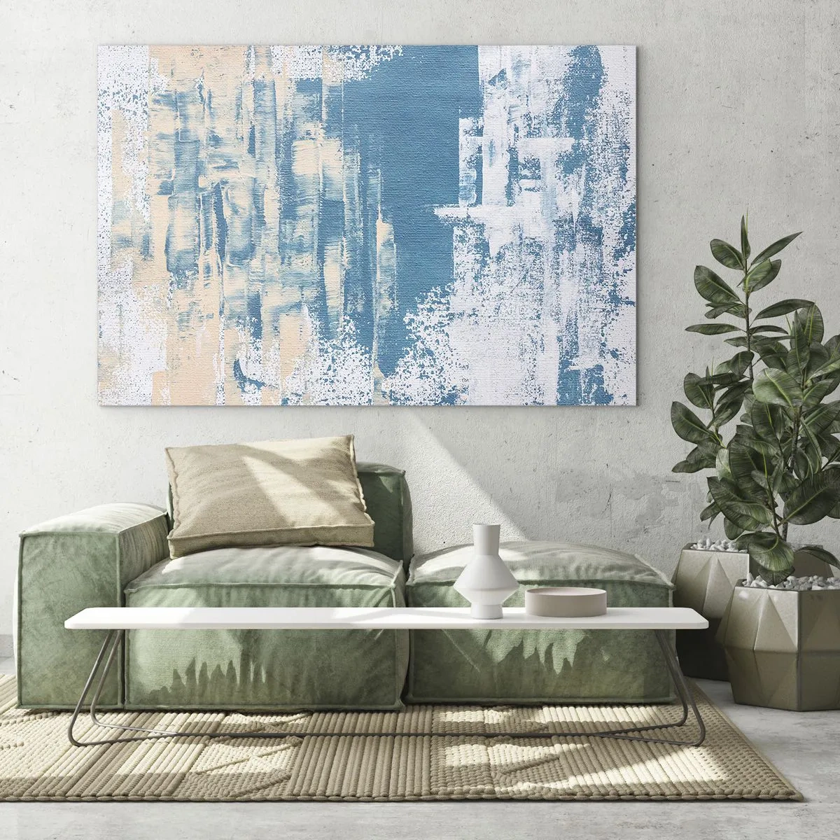 Glasbild - Bild auf glas - Abstraktion in Blau und Beige mit Pinselstruktur - 70x50cm - Durch einen Eiszapfen - Moderne Wanddekoration für Wohnzimmer und Schlafzimmer ARTTOR