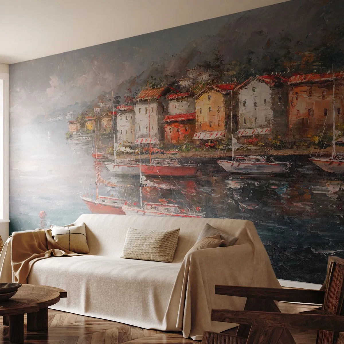 Fototapete Standard Eco - Romantische Oase - Die Architektur, Hafenstadt, Segelboot - 350x256 cm