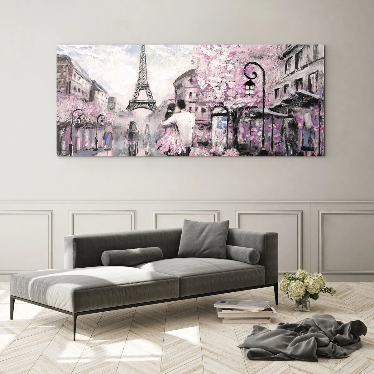 Glasbild - Bild auf glas - Ein romantischer Spaziergang in Paris am Eiffelturm - 160x50cm - Wie man sich verlieben kann, ist nur in ... - Moderne Wanddekoration für Wohnzimmer und Schlafzimmer ARTTOR