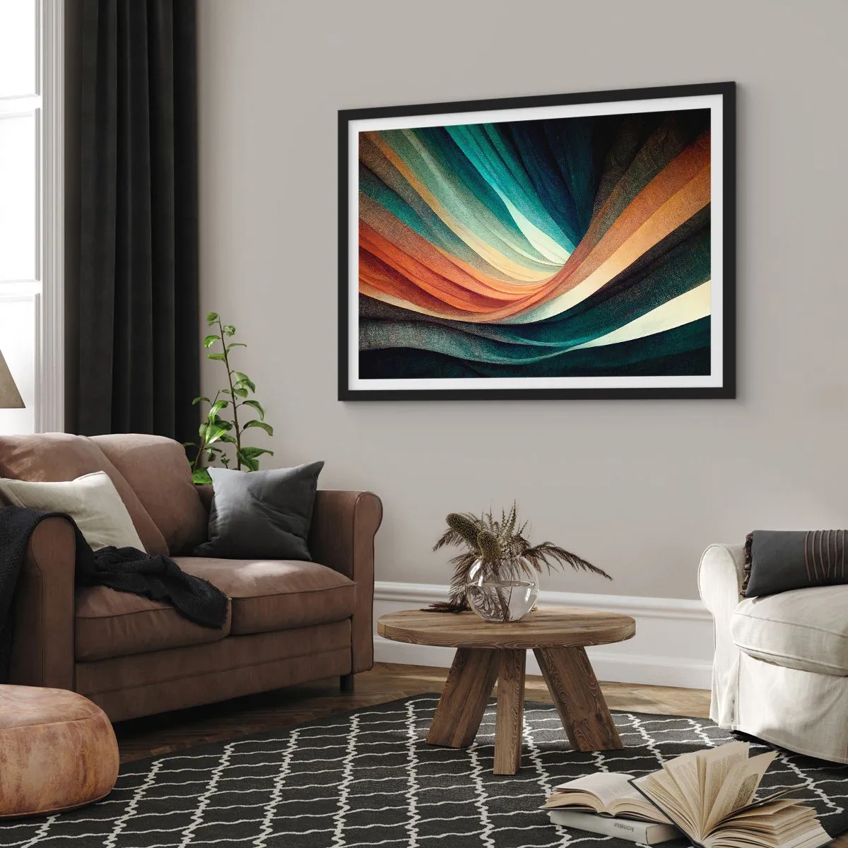 Poster in einem schwarzem Rahmen - Abstrakte Wellen in warmen und kühlen Farbtönen - 70x50cm - Aus Farben gewebt - Moderne Wanddekoration für Wohnzimmer und Schlafzimmer ARTTOR