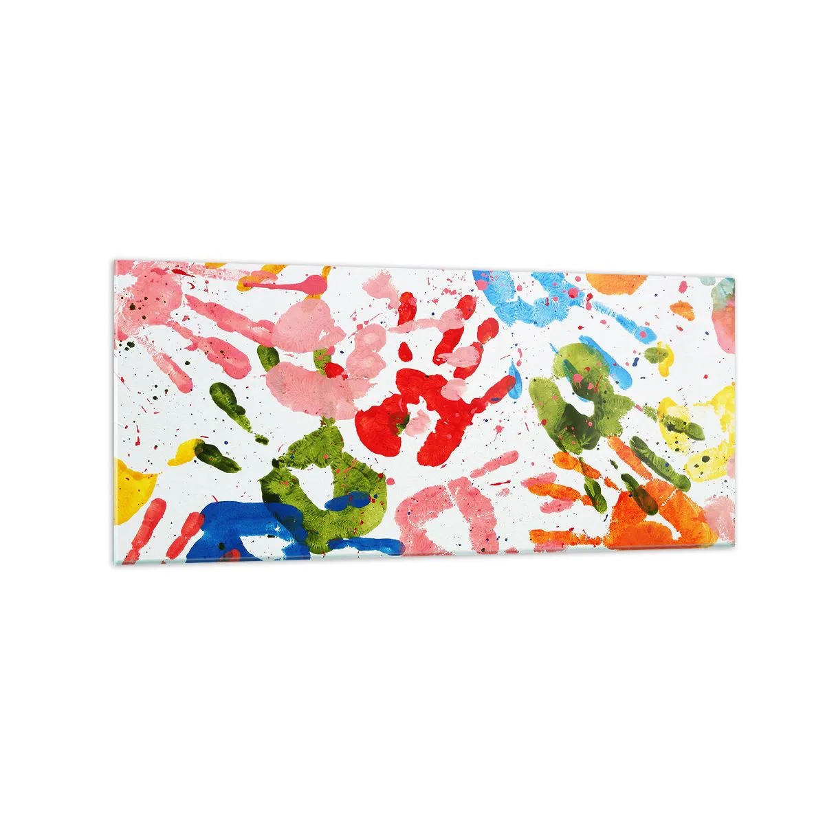 Glasbild - Bild auf glas - Bunte Handabdrücke auf weißem Hintergrund - 120x50cm - Folgen Sie den Spuren - Moderne Wanddekoration für Wohnzimmer und Schlafzimmer ARTTOR