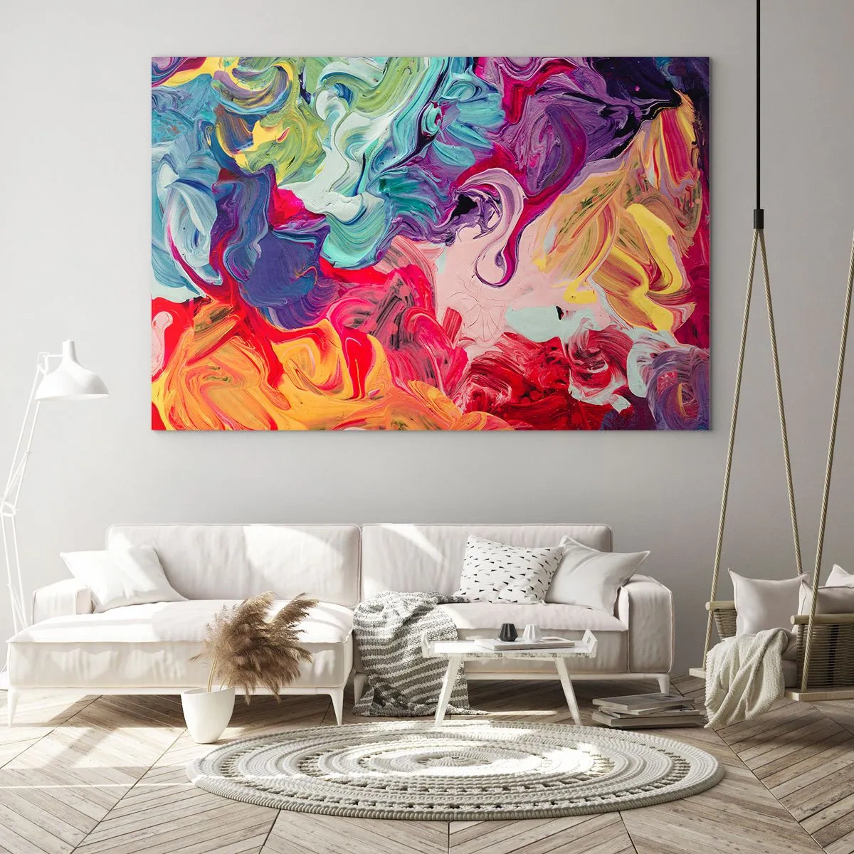 Glasbild - Bild auf glas - Abstrakte bunte Farbstreifen auf Leinwand in intensiven Farben - 100x70cm - Die Geburt der Farben - Moderne Wanddekoration für Wohnzimmer und Schlafzimmer ARTTOR