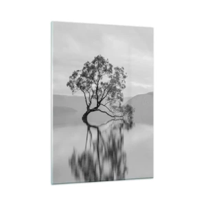 Glasbild - Bild auf glas - Ein einsamer Baum auf dem Wasser in einer schwarz-weißen Landschaft - 50x70cm - Es gibt so ein Land - Moderne Wanddekoration für Wohnzimmer und Schlafzimmer ARTTOR