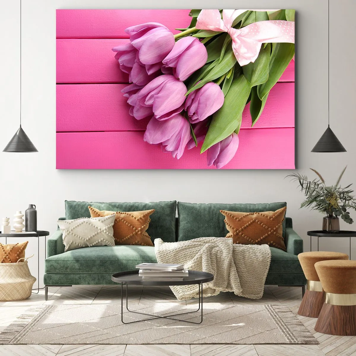 Bild auf Leinwand - Leinwandbild - Ein Strauß rosa Tulpen mit Schleife auf rosa Hintergrund - 100x70cm - Nur für dich - Moderne Wanddekoration für Wohnzimmer und Schlafzimmer ARTTOR