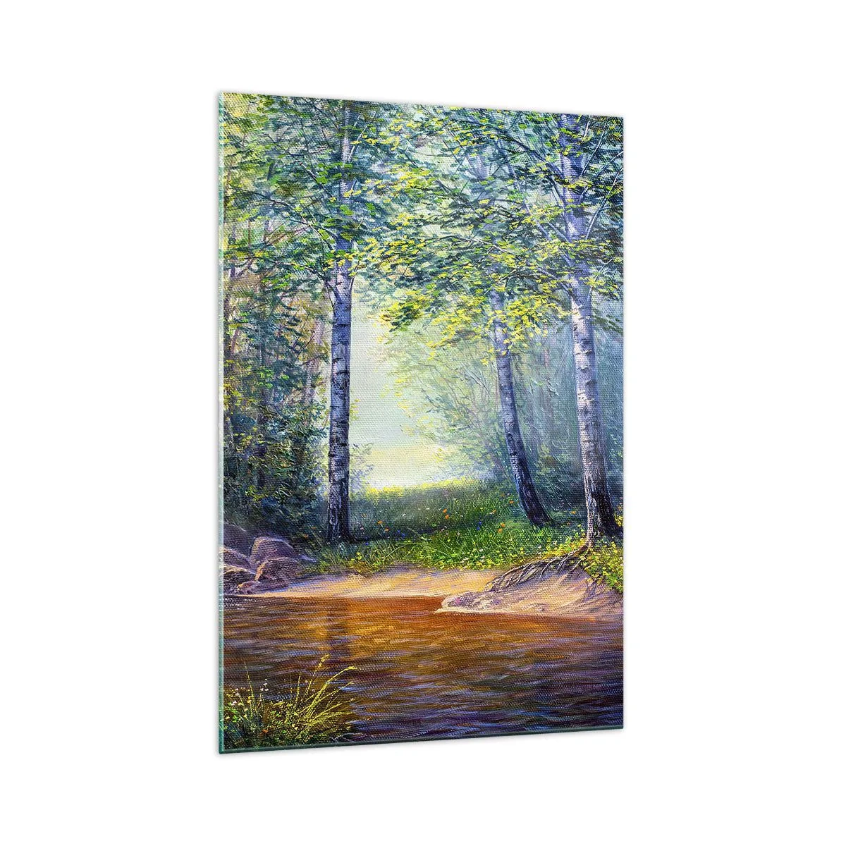 Glasbild - Bild auf glas - Ein Waldbach, umgeben von Birken und Sonnenschein - 70x100cm - Idyllische Landschaft - Moderne Wanddekoration für Wohnzimmer und Schlafzimmer ARTTOR