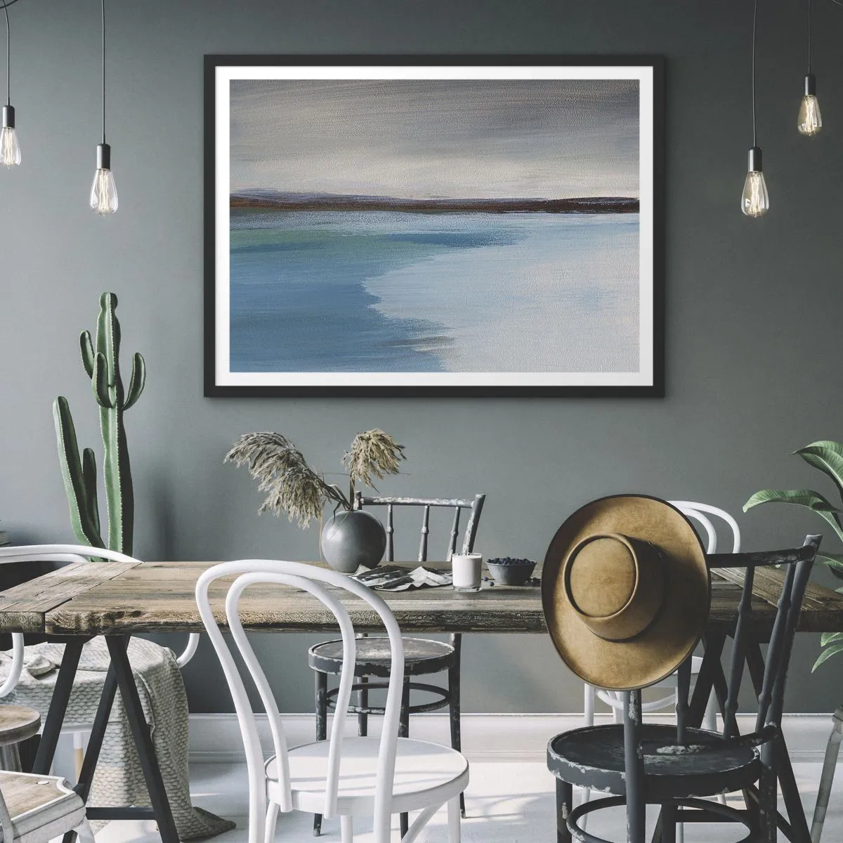 Poster in einem schwarzem Rahmen - Eine minimalistische Landschaft mit Wasserlinie und Horizont - 70x50cm - Horizontale Landschaft - Moderne Wanddekoration für Wohnzimmer und Schlafzimmer ARTTOR