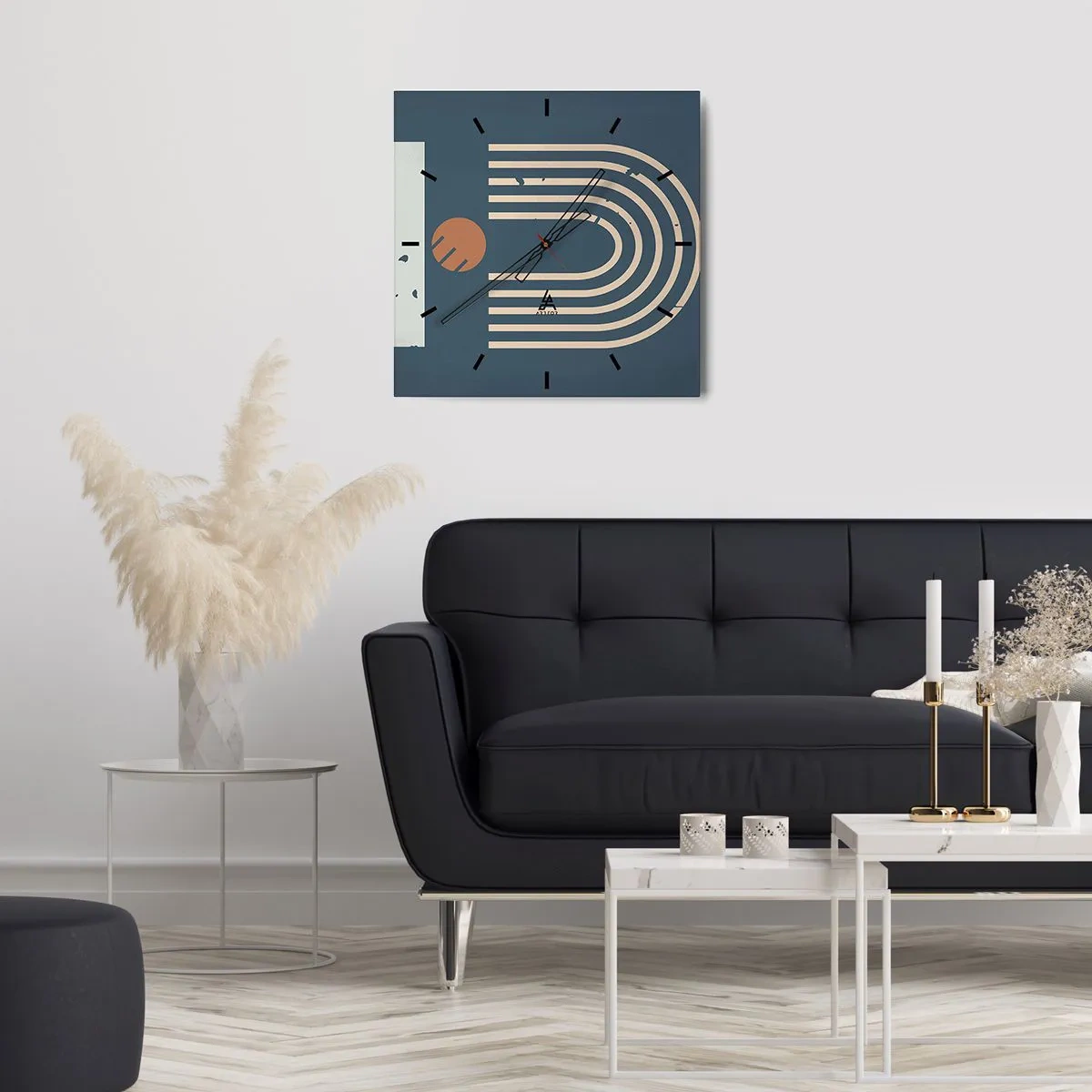 Wanduhr - Glasuhr - Geometrisches Muster in Marineblau-, Beige- und Orangetönen auf dunklem Hintergrund - 30x30cm - Geometrie auf dem Granatapfel - Moderne Wanddekoration für Wohnzimmer und Schlafzimmer ARTTOR