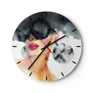 Wanduhr - Glasuhr - Porträt einer Frau mit Brille und großen Ohrringen, Aquarell - 30x30cm - Das Geheimnis der Eleganz - Moderne Wanddekoration für Wohnzimmer, Küche und Schlafzimmer ARTTOR