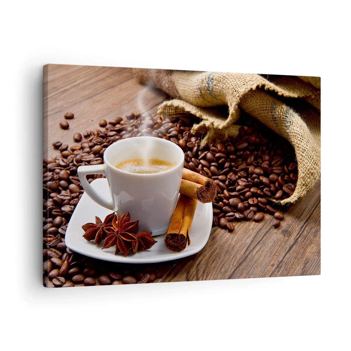 Bild auf Leinwand - Leinwandbild - Eine Tasse Kaffee mit Zimt und Anis auf einem Hintergrund aus Kaffeebohnen - 70x50cm - Würziger Geschmack und Aroma - Moderne Wanddekoration für Wohnzimmer und Schlafzimmer ARTTOR
