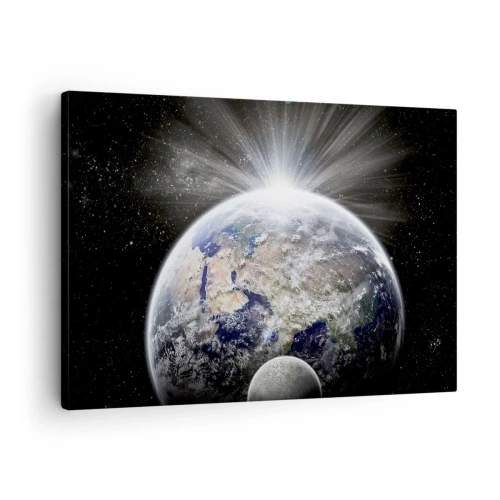 Bild auf Leinwand - Leinwandbild - Erde und Mond im Schein des Weltraums - 70x50cm - In voller Pracht - Moderne Wanddekoration für Wohnzimmer und Schlafzimmer ARTTOR