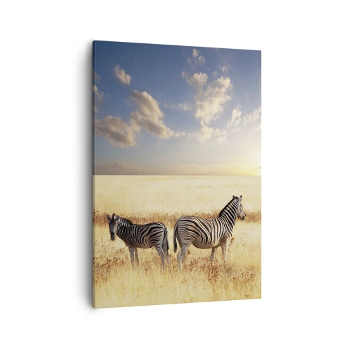 Bild auf Leinwand - Leinwandbild - Zwei Zebras in der Savanne in den Strahlen der untergehenden Sonne - 50x70cm - Geh weg, sei nicht in Frieden - Moderne Wanddekoration für Wohnzimmer und Schlafzimmer ARTTOR