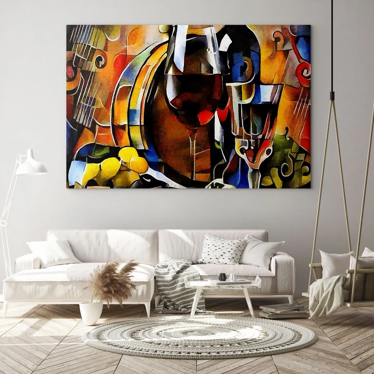 Glasbild - Bild auf glas - Abstrakte Komposition mit Weingläsern und Instrumenten - 70x50cm - Und die Welt nimmt Farben an - Moderne Wanddekoration für Wohnzimmer und Schlafzimmer ARTTOR