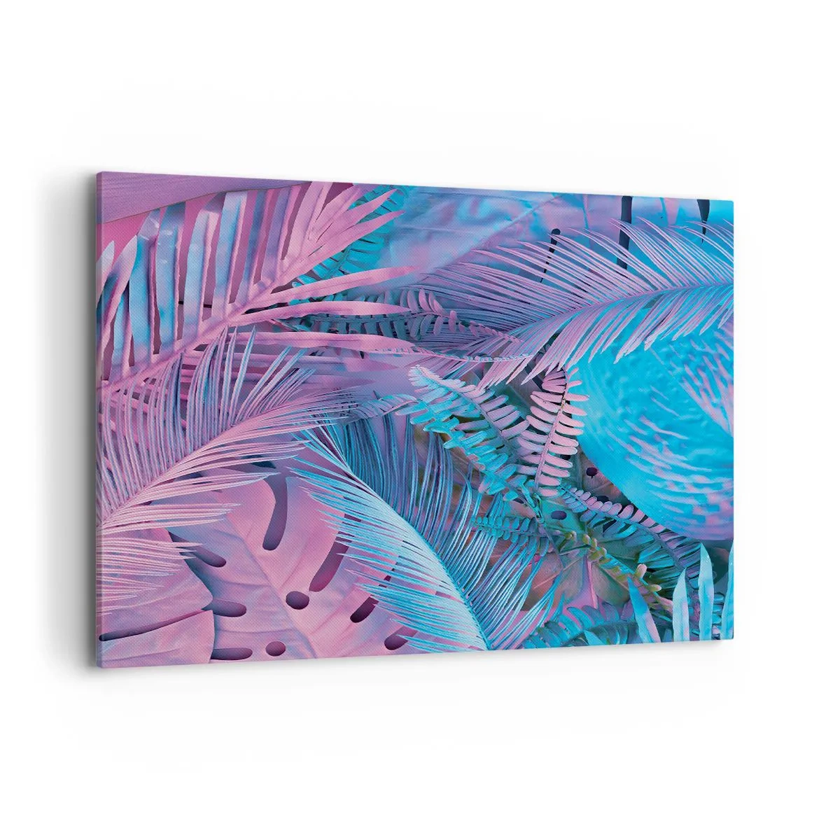 Bild auf Leinwand - Leinwandbild - Tropische Blätter in Rosa- und Blautönen - 120x80cm - Tropen in Rosa und Blau - Moderne Wanddekoration für Wohnzimmer und Schlafzimmer ARTTOR