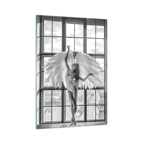 Glasbild - Bild auf glas - Ballerina mit Engelsflügeln in Schwarz und Weiß - 50x70cm - Stadt der Engel? - Moderne Wanddekoration für Wohnzimmer und Schlafzimmer ARTTOR
