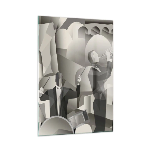 Glasbild - Bild auf glas - Stilisierte Jazzband-Bühne in monochromen Tönen - 50x70cm - Im Raum der Klänge - Moderne Wanddekoration für Wohnzimmer und Schlafzimmer ARTTOR