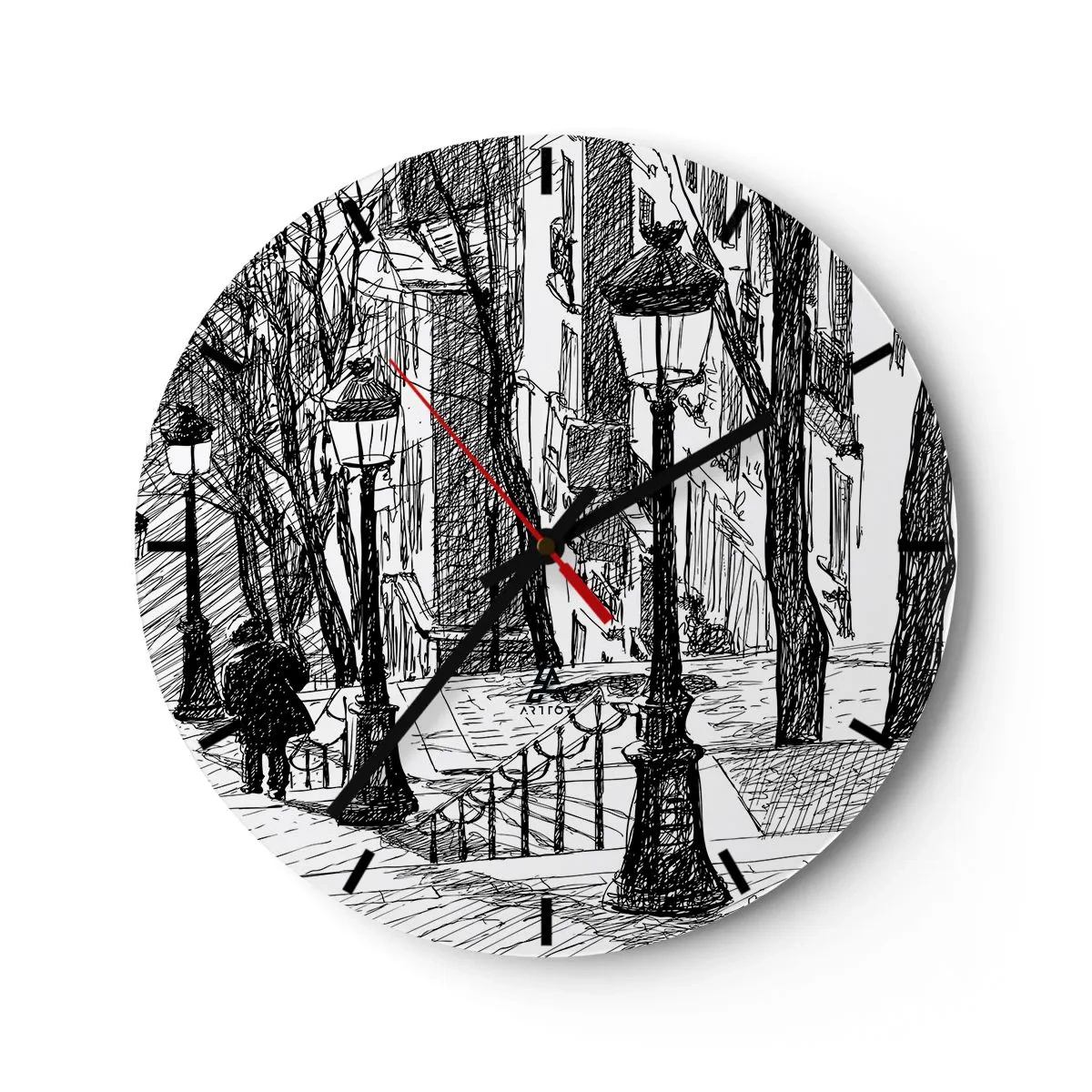 Wanduhr - Glasuhr - Eine Schwarz-Weiß-Zeichnung einer Straße mit Laternen und einer gehenden Figur. - 30x30cm - Liebesgeschichte oder Horrorgeschichte? - Moderne Wanddekoration für Wohnzimmer, Küche und Schlafzimmer ARTTOR
