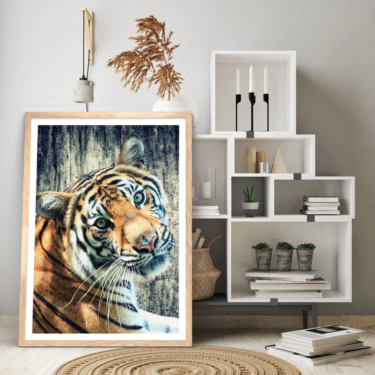 Poster in einem Rahmen aus heller Eiche - Portrait in Lichtstrahlen - 61x91 cm