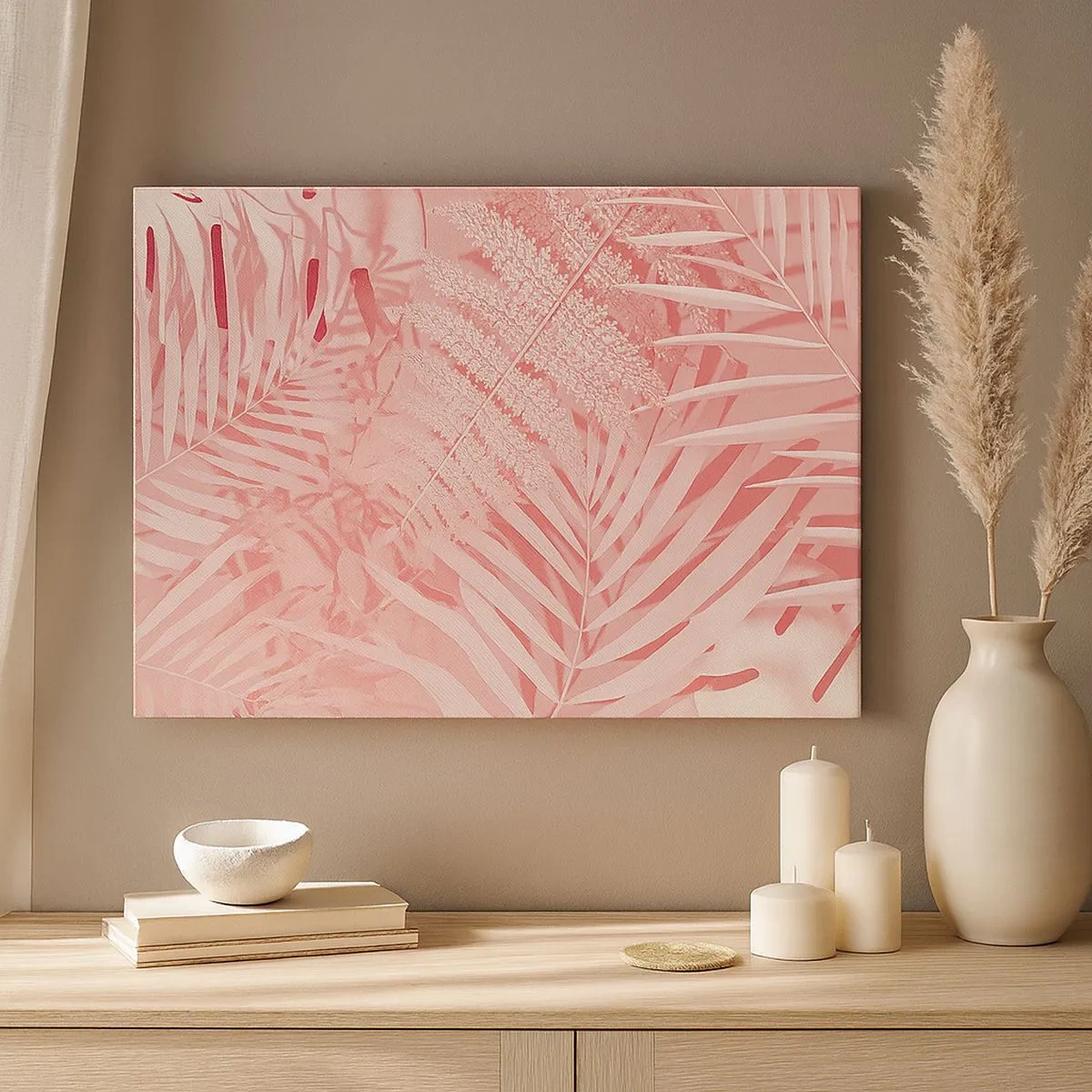 Bild auf Leinwand - Leinwandbild - Rosa tropische Blätter in einem zarten und minimalistischen Stil - 70x50cm - Rosa Konzept - Moderne Wanddekoration für Wohnzimmer und Schlafzimmer ARTTOR