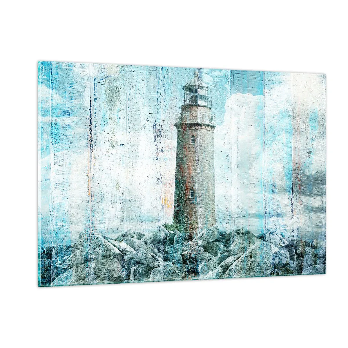 Glasbild - Bild auf glas - Vintage Leuchtturm mit Wolken im Hintergrund - 120x80cm - Auf altem Holz - Moderne Wanddekoration für Wohnzimmer und Schlafzimmer ARTTOR