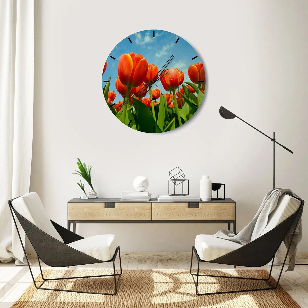 Wanduhr - Glasuhr - Rote Tulpen vor blauem Himmel - 30x30cm - Außer dem blauen Himmel brauchen sie nichts in ihrem Leben - Moderne Wanddekoration für Wohnzimmer, Küche und Schlafzimmer ARTTOR