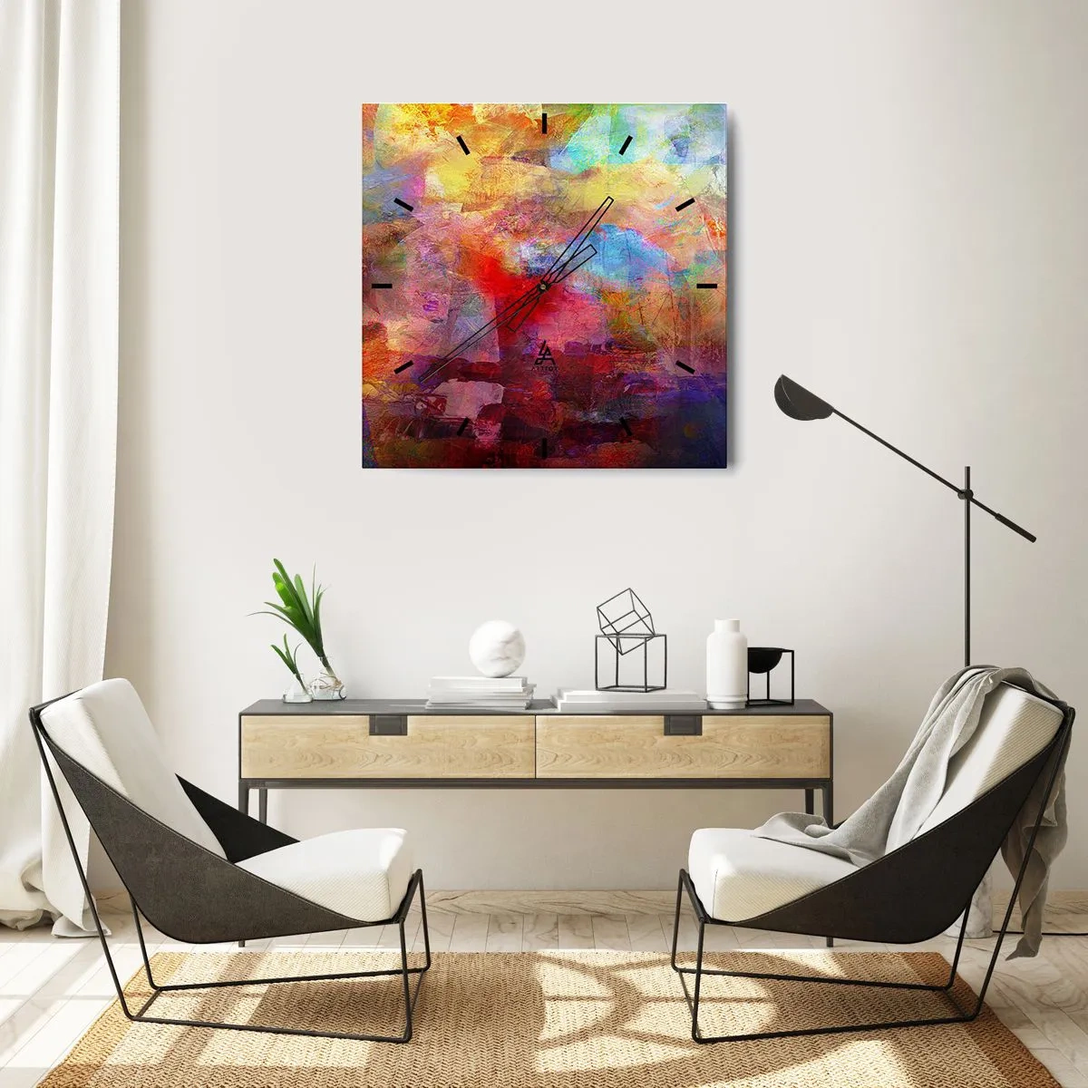 Wanduhr - Glasuhr - Bunte Abstraktion in warmen und kühlen Farbtönen - 30x30cm - Schau in den Regenbogen - Moderne Wanddekoration für Wohnzimmer und Schlafzimmer ARTTOR