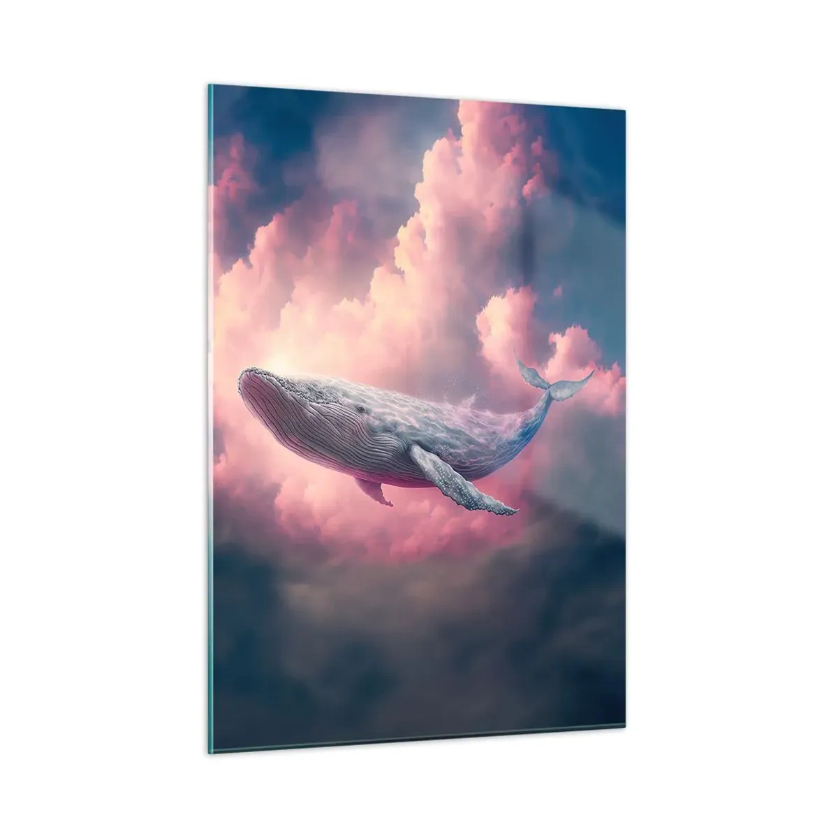 Glasbild - Bild auf glas - Ein Wal, der mit einem rosa Schimmer in den Wolken schwebt - 50x70cm - Reibe deine Augen - Moderne Wanddekoration für Wohnzimmer und Schlafzimmer ARTTOR