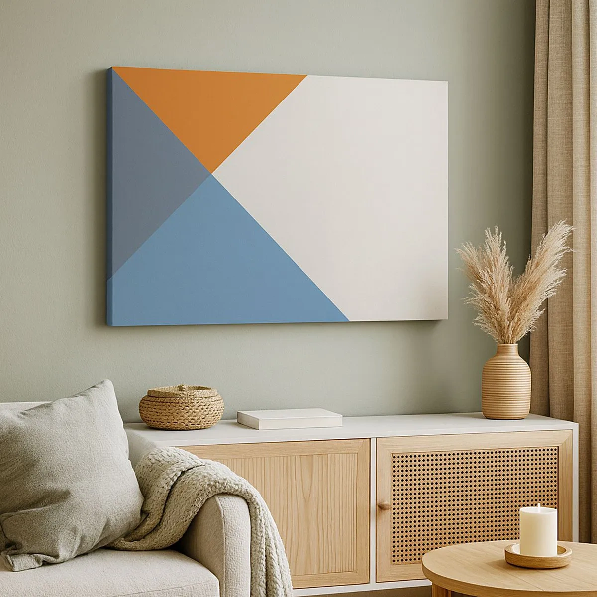 Bild auf Leinwand - Leinwandbild - Geometrische Dreiecke in Blau- und Orangetönen - 70x50cm - In einem Winkel… - Moderne Wanddekoration für Wohnzimmer und Schlafzimmer ARTTOR