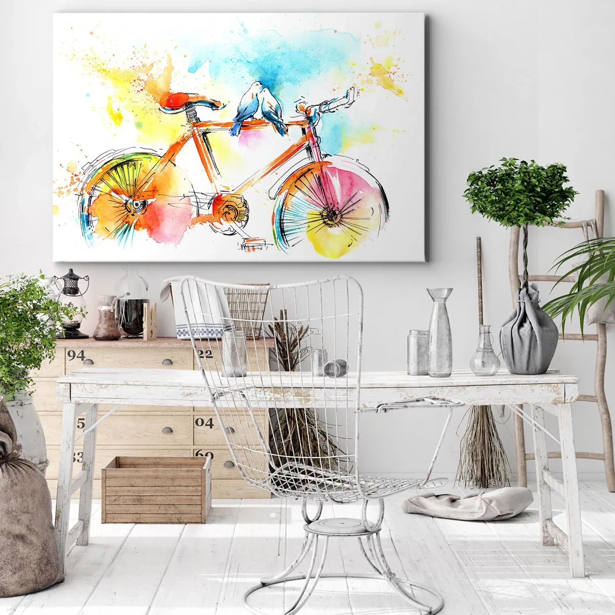 Bild auf Leinwand - Leinwandbild - Buntes Aquarell eines Fahrrads mit darauf sitzenden Vögeln - 120x80cm - Fahrrad für zwei - Moderne Wanddekoration für Wohnzimmer und Schlafzimmer ARTTOR