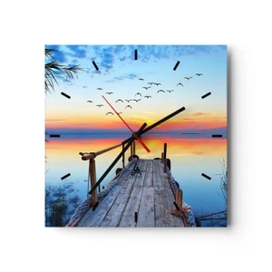 Wanduhr - Glasuhr - Holzsteg über dem See bei Sonnenuntergang - 30x30cm - Es ist Zeit, zurückzukehren ... - Moderne Wanddekoration für Wohnzimmer und Schlafzimmer ARTTOR