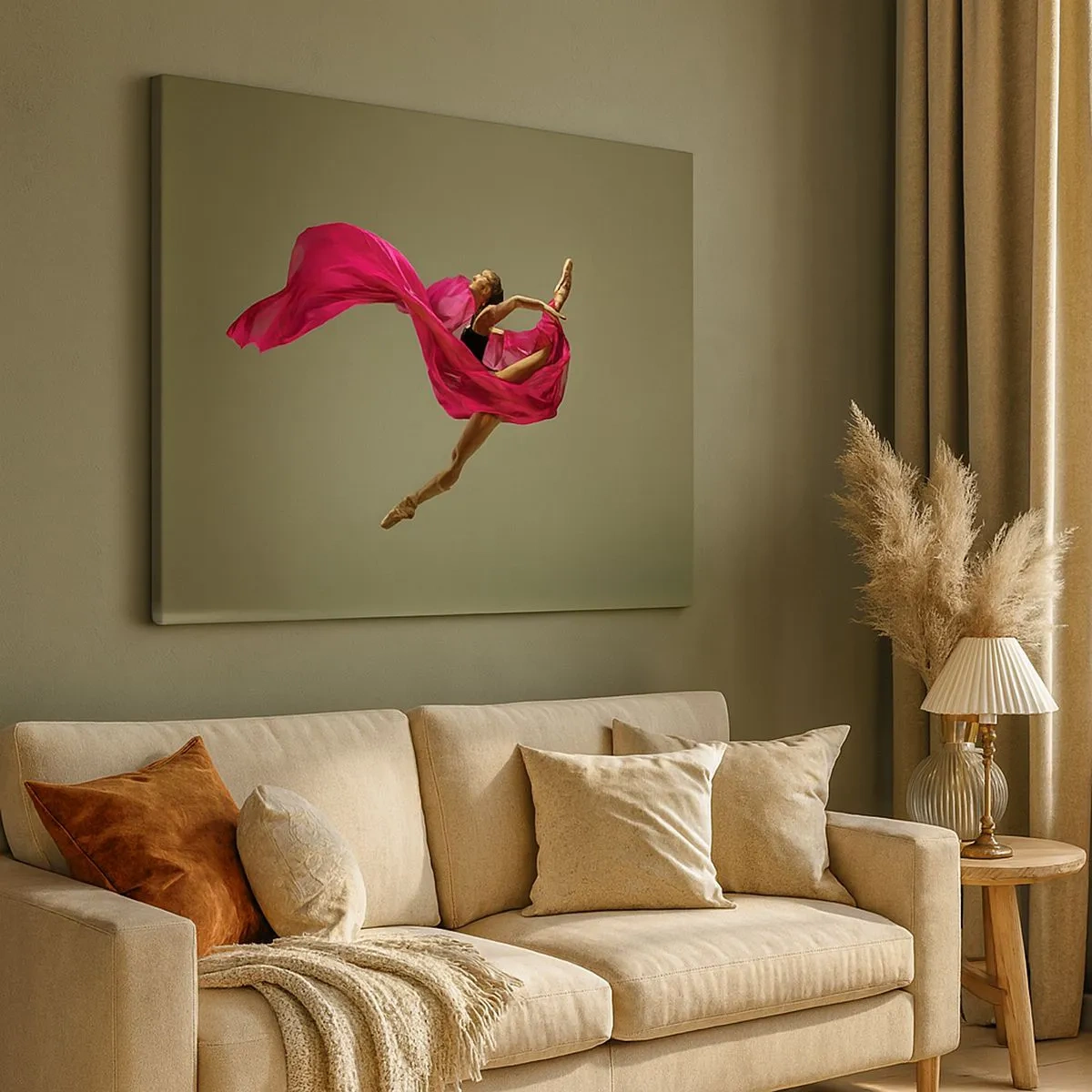 Bild auf Leinwand - Leinwandbild - Balletttänzerin in dynamischer Pose mit rosa Stoff - 70x50cm - Tanzende Flamme - Moderne Wanddekoration für Wohnzimmer und Schlafzimmer ARTTOR