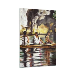 Glasbild - Bild auf glas - Frauen in einem Boot auf einem ruhigen Fluss mit malerischer Kulisse - 70x100cm - In einem polynesischen Paradies - Moderne Wanddekoration für Wohnzimmer und Schlafzimmer ARTTOR