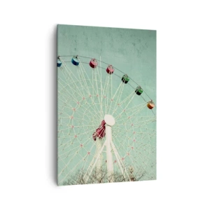 Bild auf Leinwand - Leinwandbild - Ein buntes Riesenrad vor blauem Himmel im Retro-Stil - 70x100cm - Wir laden zum Spiel ein - Moderne Wanddekoration für Wohnzimmer und Schlafzimmer ARTTOR