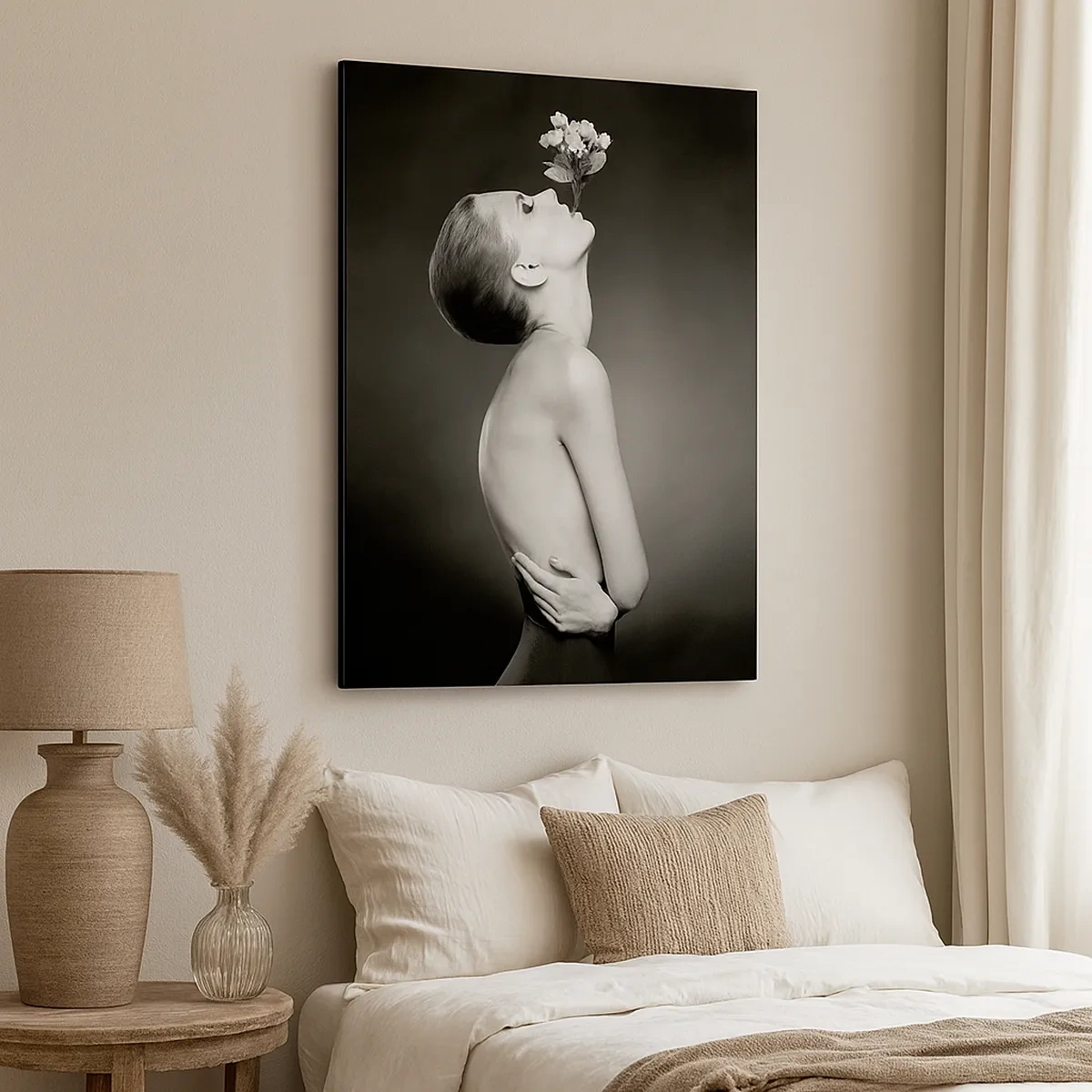 Bild auf Leinwand - Leinwandbild - Schwarz-weiße Silhouette einer Frau mit einer Blume - 50x70cm - Exzentrische Eleganz - Moderne Wanddekoration für Wohnzimmer und Schlafzimmer ARTTOR