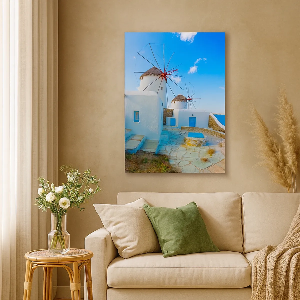 Bild auf Leinwand - Leinwandbild - Weiße Windmühlen an den Ufern des blauen Meeres - 50x70cm - Der blaue Wind vom Meer - Moderne Wanddekoration für Wohnzimmer und Schlafzimmer ARTTOR