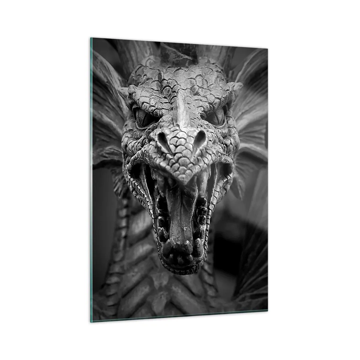 Glasbild - Bild auf glas - Detailliertes Porträt eines Drachen in Schwarzweiß - 50x70cm - Ein märchenhafter Drache in Grau - Moderne Wanddekoration für Wohnzimmer und Schlafzimmer ARTTOR