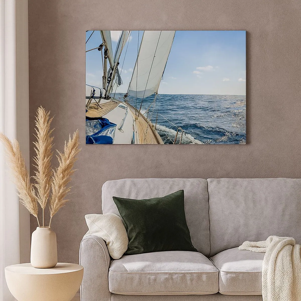 Bild auf Leinwand - Leinwandbild - Ein Segelboot auf ruhiger See unter blauem Himmel - 70x50cm - Ahoi, Abenteuer - Moderne Wanddekoration für Wohnzimmer und Schlafzimmer ARTTOR