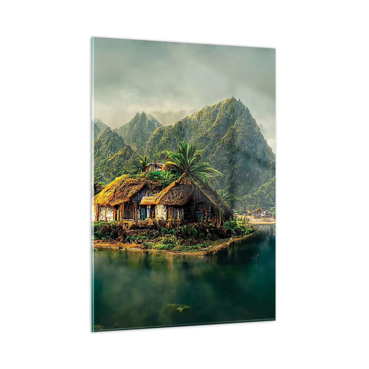 Glasbild - Bild auf glas - Ein tropisches Dorf am Wasser, umgeben von Bergen und Palmen - 50x70cm - Tropisches Paradies - Moderne Wanddekoration für Wohnzimmer und Schlafzimmer ARTTOR