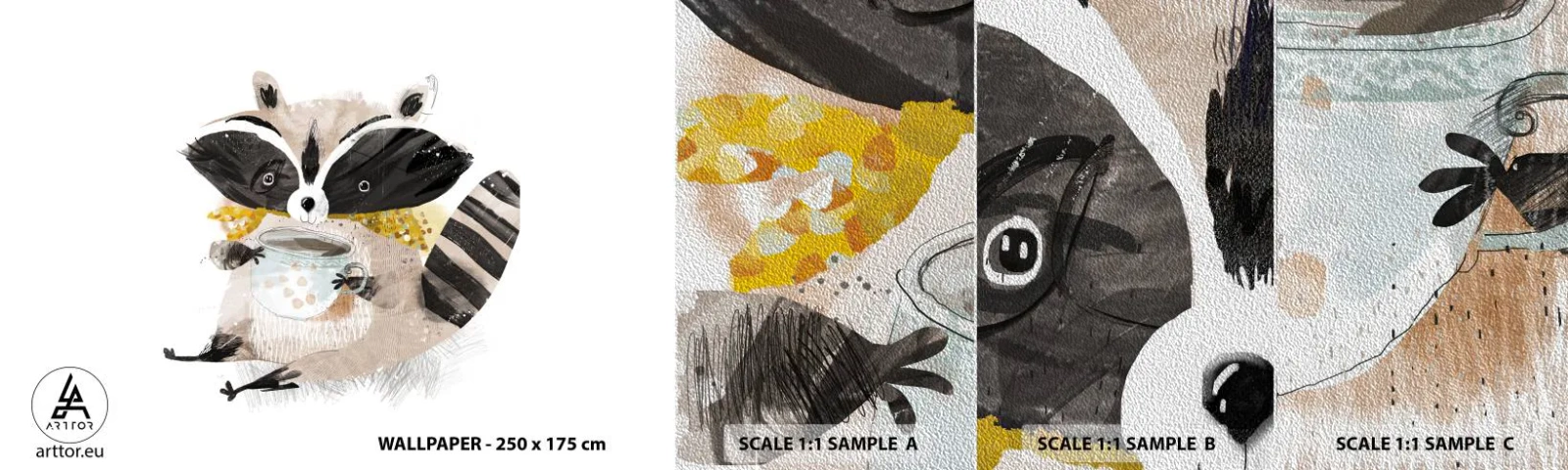 Fototapeten Muster Premium Sand - Mein Freund der Waschbär - Für Kinder, Waschbär, Grafik - 100x30 cm